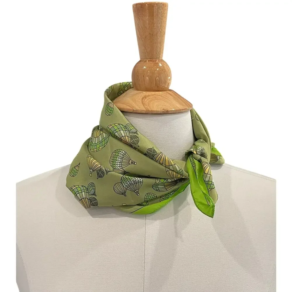 Vintage Old Navy Green Square Scarf, Hot Air Balloon Print, Italy, 17.5